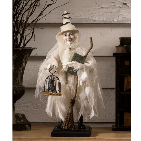 Bethany Lowe Ghostly Witch Halloween Figure with Crow Broom Stick & Spell Book - Picture 1 of 9
